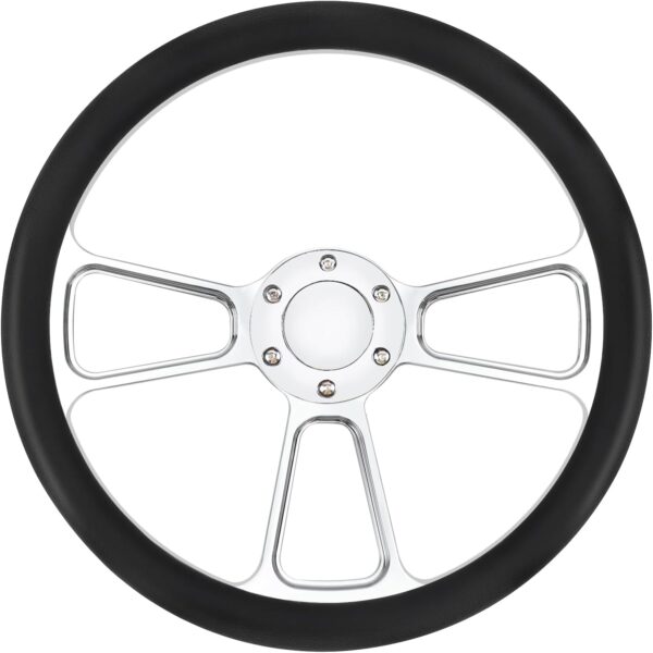 14 inch Universal 6 Hole Silver Aluminum 3 Spoke Muscle Style Racing Steering Wheel with Horn Button Leather Grip Steering Wheel