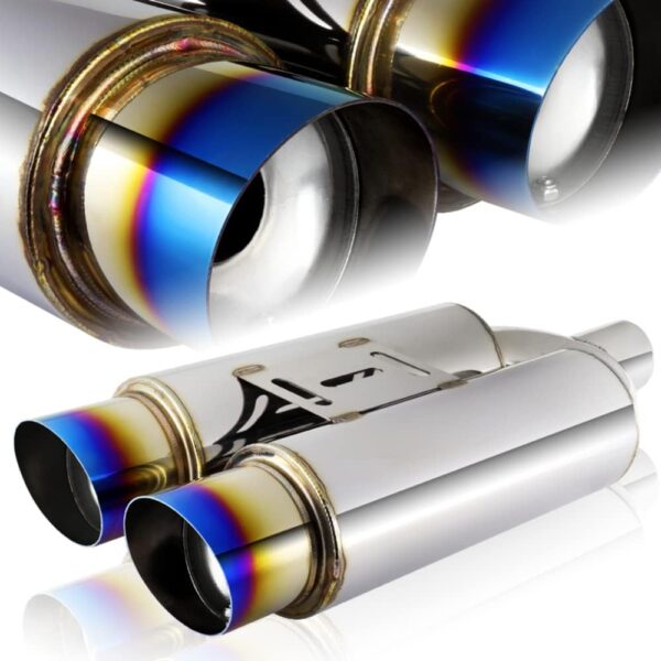 Universal 2.5" Inlet 3.5" Outlet Dual Exhaust Titanium Slant Burnt Tip Muffler Stainless Steel Universal 21" Lenh, Dual Tip, Weld On, Exhaust Muffler, with Silencer